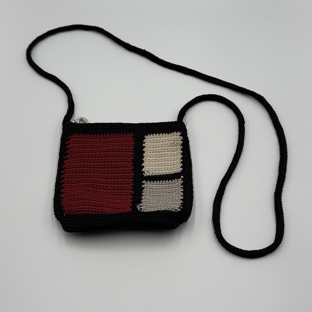 The Sak Crochet Mini Crossbody Bag Black Red Colorblock‎ Small Purse Boho Style